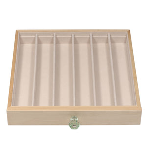 The second jewelry drawer is optimal for pearl stands and tennis bracelets with six 10 ½ x 1 ¾ compartments.