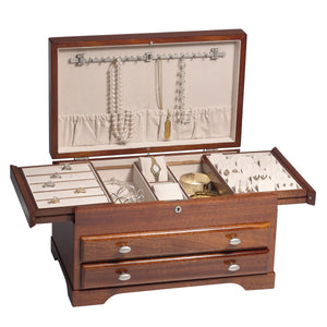 Two open wells under the trays are perfect for large bracelets separated by two watch pillows in the center.