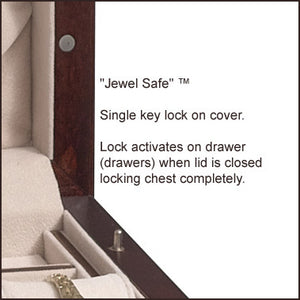 Jewel Safe Lock ™ is an innovative locking mechanism which activates the lock on drawers when the lid is closed.