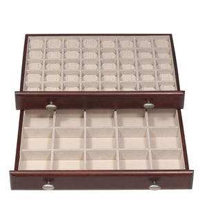 The top drawer features forty 1 ½ x 1 ½ squares with earring cards for optimum protection of fine stores and gems. The second drawer is ideal for brooches, larger earrings.