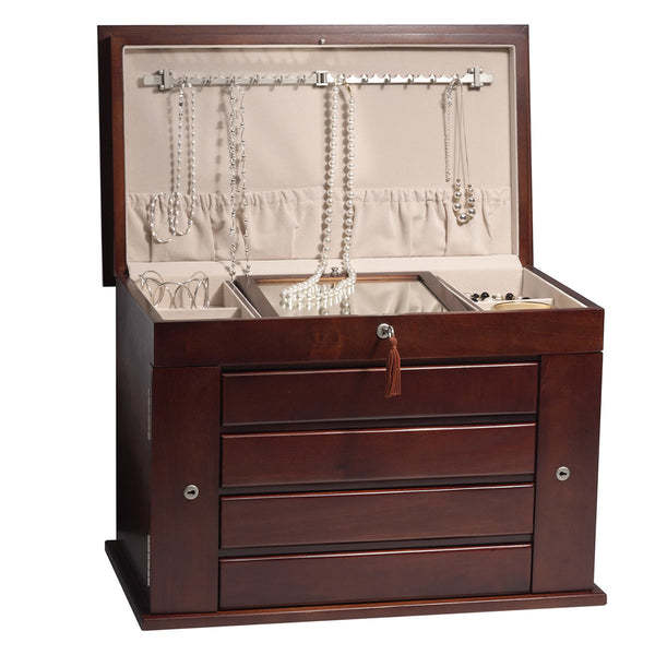 The lid opens to reveal brushed nickel necklace bars accommodating 24 necklaces with 12 additional necklace hooks for finer chains.